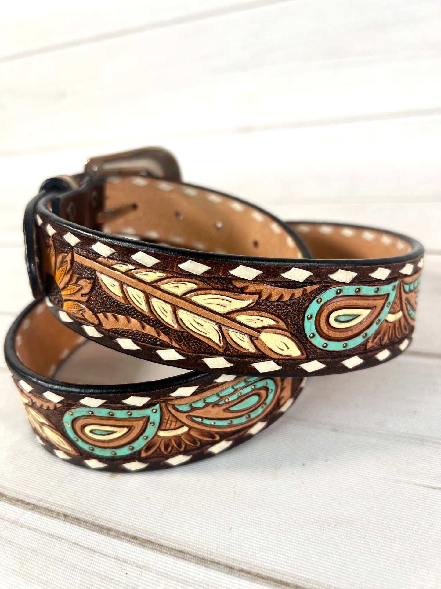 Sunflower Feather Paisley Tooled Leather Woman’s Belt