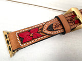 Red Floral Tooled Leather Watch Band