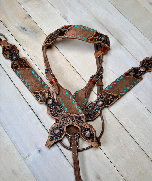 Daisy Buckstitch Rough Out Leather Floral Tooled Tack Set
