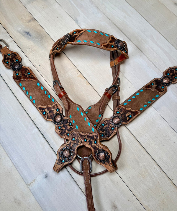 Daisy Buckstitch Rough Out Leather Floral Tooled Tack Set