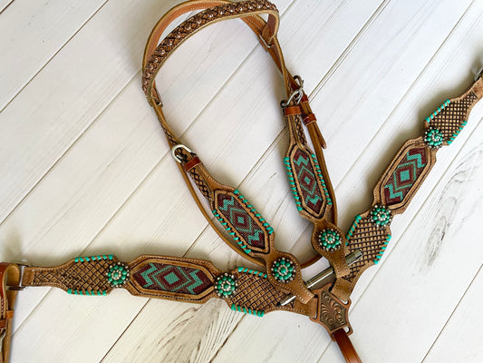 Teal & Maroon Beaded Set with Teal Whipstitch