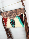 Mirage Red and Turquoise Wool Pattern with Leather Tooled Fringe Medium Bag