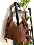Dark Distressed Leather Hobo Fringe Tooled Handbag