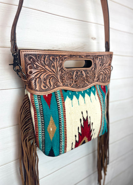 Valley Teal, Red Tan Diamond Wool Leather Clutch Fringe Bag