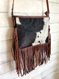 Brown Pattern Cowhide Leather Fringe Handbag
