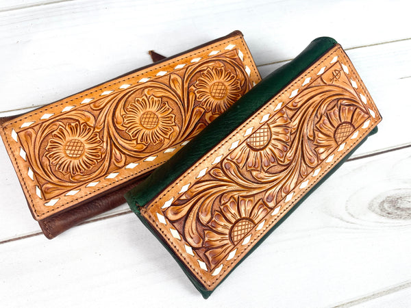 Tooled Floral Buckstitch Flap Leather Wallet