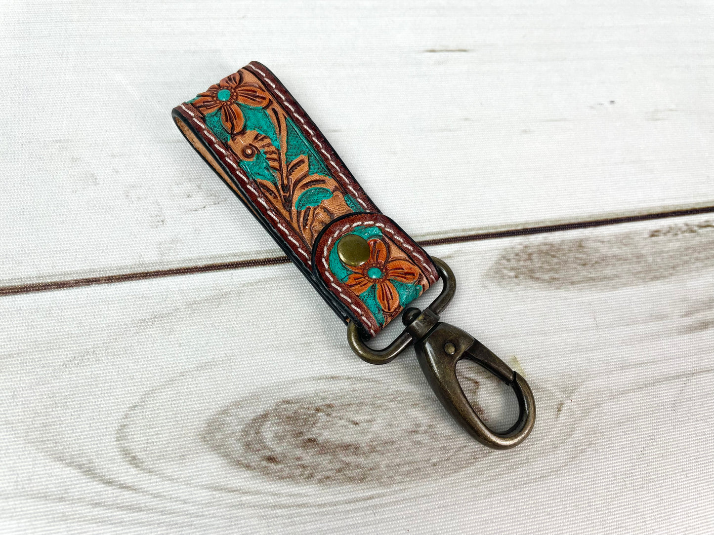 Tooled Leather Tab Key Fob