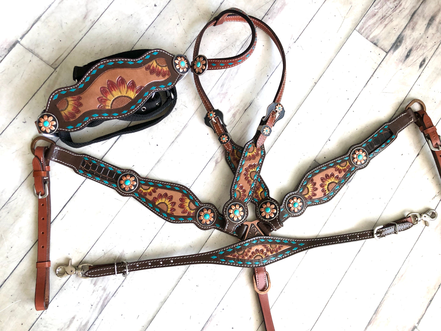 Sunflower Tooled Painted Inset Teal Buckstitch Tack Set