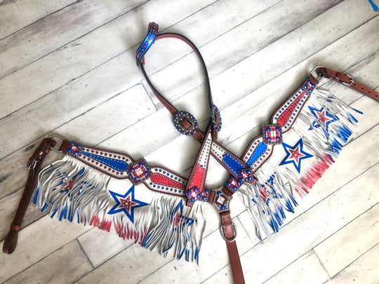 Patriotic Red White and Blue Star Fringe Leather Tack Set