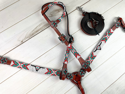 White Beaded Steer / Bull Skull Leather Tack Set
