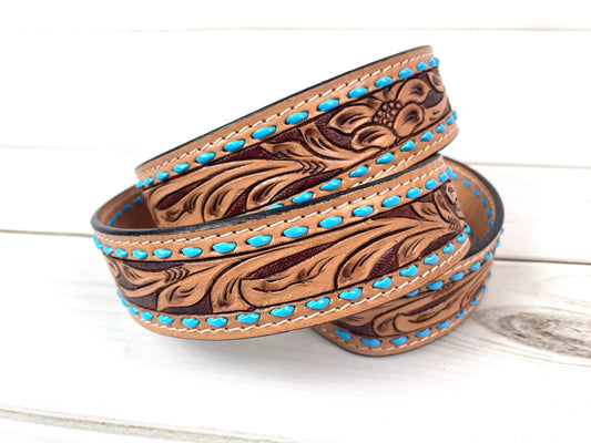 Light Floral Scroll Tooled Leather Handbag Strap with Blue Buckstitch