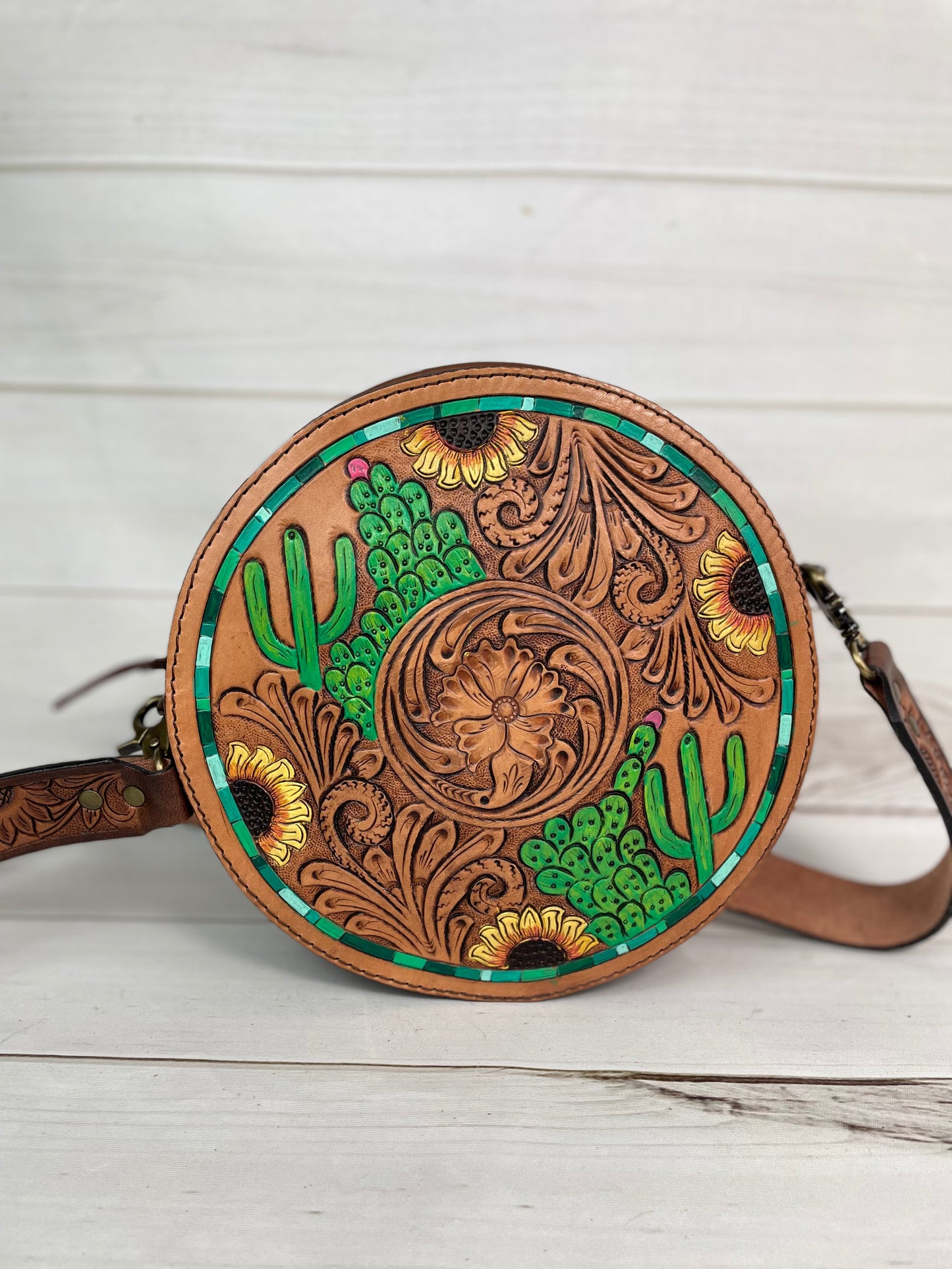 Cactus Sunflower Leather Tooled & Painted Buckstitch Round Canteen Crossbody Bag