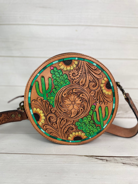 Cactus Sunflower Leather Tooled & Painted Buckstitch Round Canteen Crossbody Bag