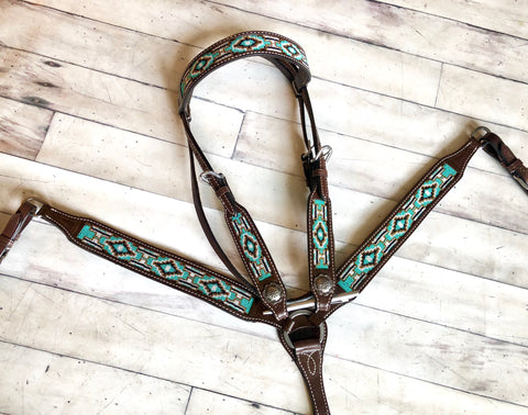 SALE! Teal White & Gold Navajo Pattern Beaded Inlay on Dark Leather