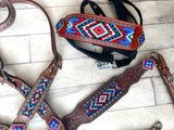Red White Periwinkle Beaded Inset, Buckstitch Bronc Halter