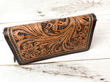 Teal Dotted Border Leather Tooled Carryall Wallet