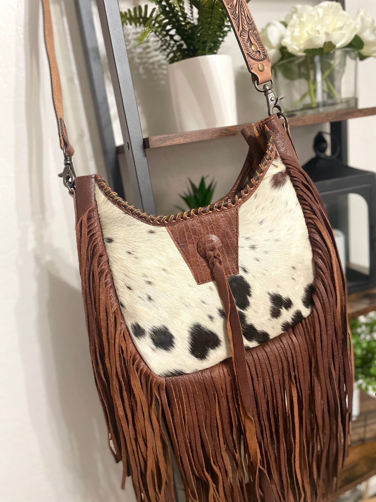 Brown Hide & Leather Boho Crossbody Long Fringe Bag
