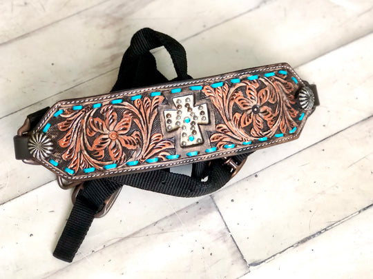 Leather Tooled Cross Hair on Hide Inset - Bronc Halter