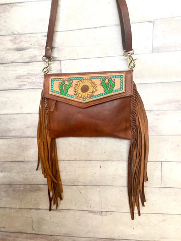 Cactus Sunflower Tooled Painted Leather Fringe Handbag