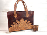 Distressed Leather Floral Bloom Tooled Large Tote Bag
