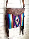 Purple Teal Wool Diamond Pattern Fringe Handbag