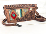 Floral Tooled Leather Red & Cream Wool Inset Carryall Wallet