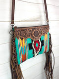 Bold Turquoise Native Pattern Tooled Fringe / Wool Medium Bag