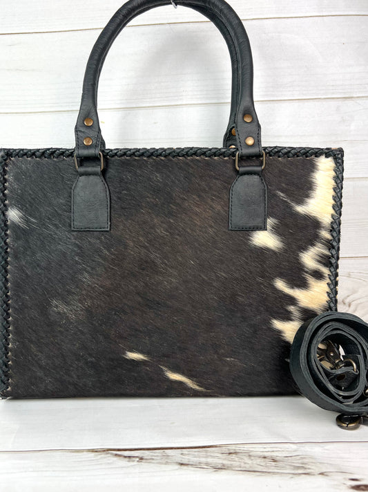 SALE! Black Leather Braided Cowhide Tote
