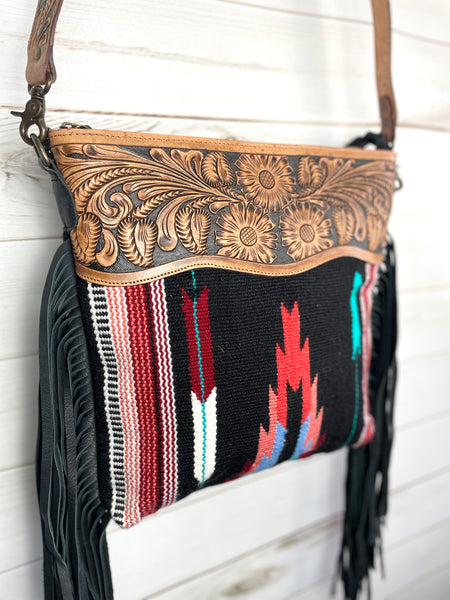 Mohave Black & Colorful Pattern Wool and Leather Tooled Bag