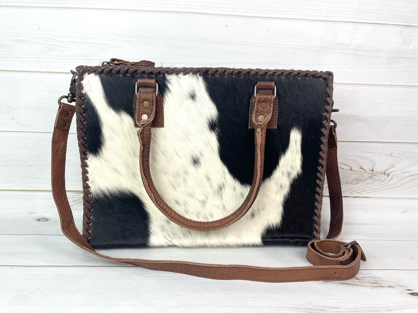 SALE! Leather Braided Dark Brown Cowhide Tote