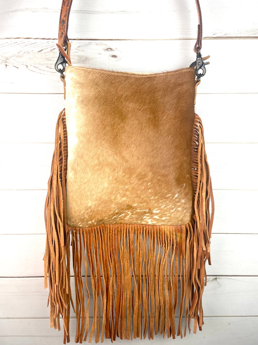 Tan Hide Crossbody Bag & Tan Fringe