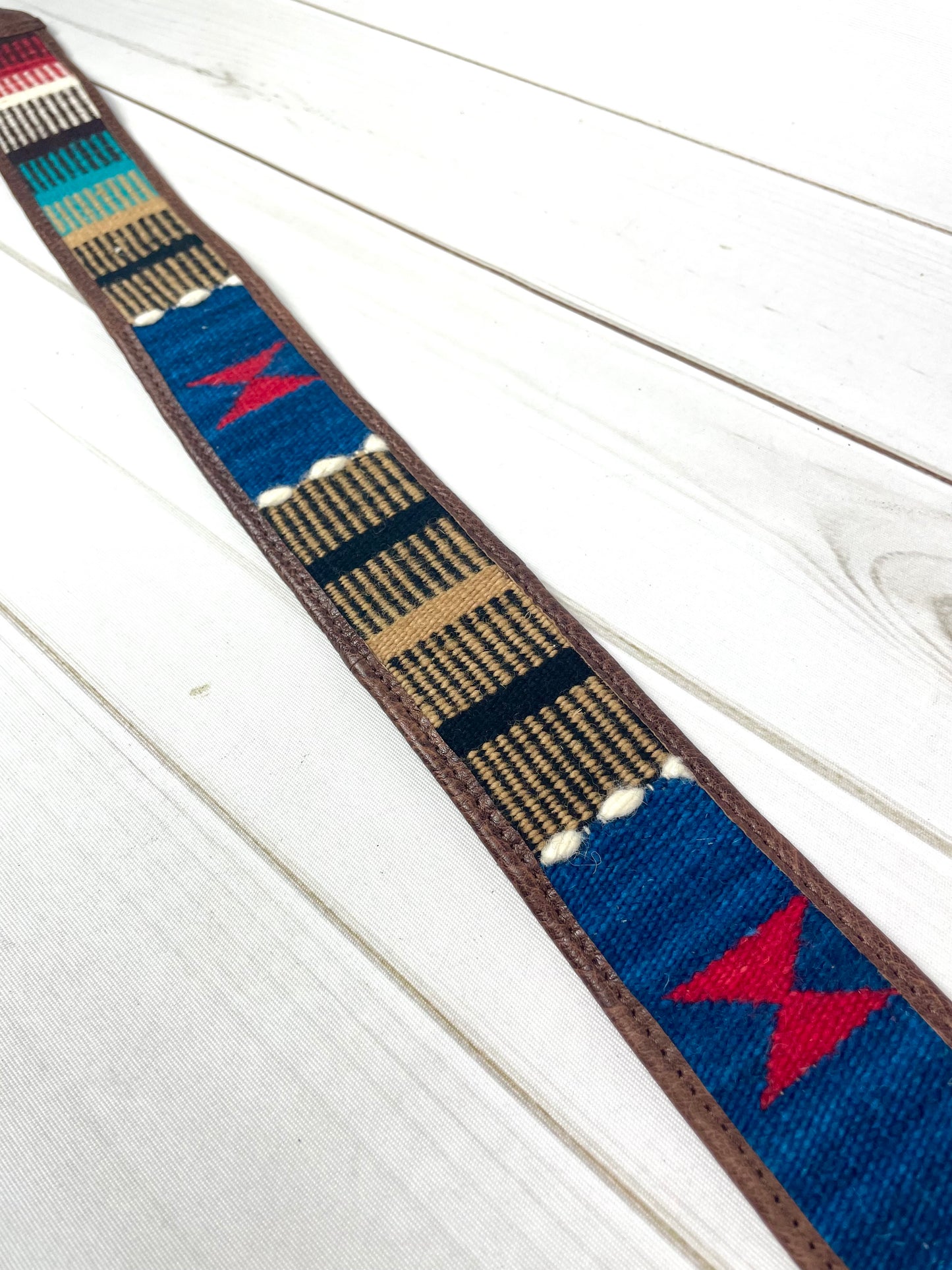 Sale!! Blue Red Multi Color Wool Pattern Over Leather Crossbody Handbag Strap