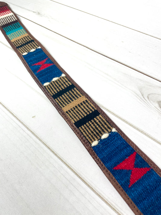 Sale!! Blue Red Multi Color Wool Pattern Over Leather Crossbody Handbag Strap