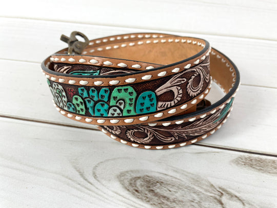 Cactus Feathers Tooled & Hand Painted Leather Handbag Strap