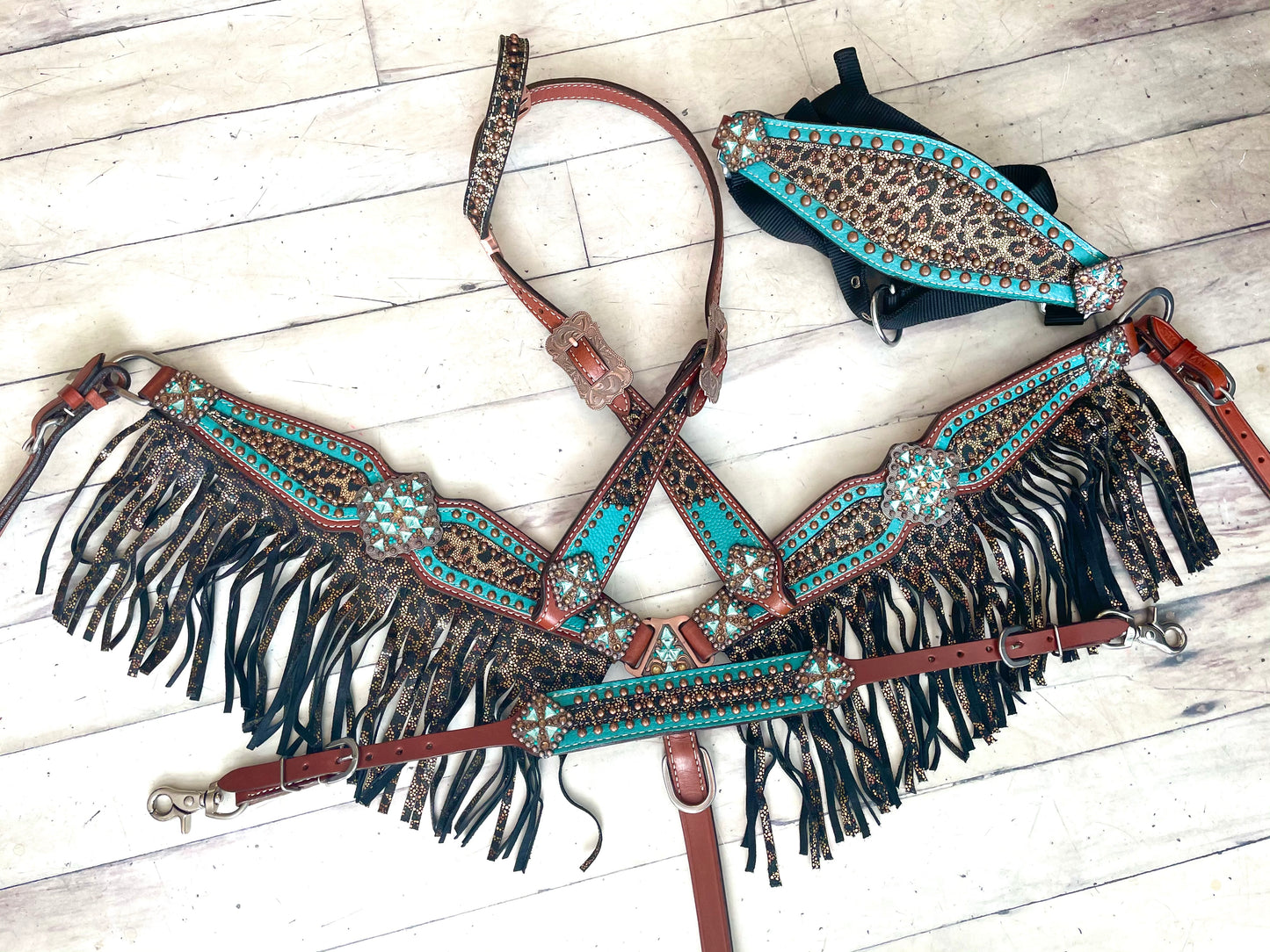 Teal Metallic Cheetah Fringe Tack Set