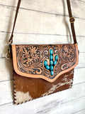 Tooled Whipstitch Envelope Bag with Turquoise Cactus