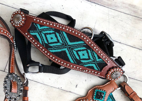 Turquoise and Black Beaded Bronc Halter