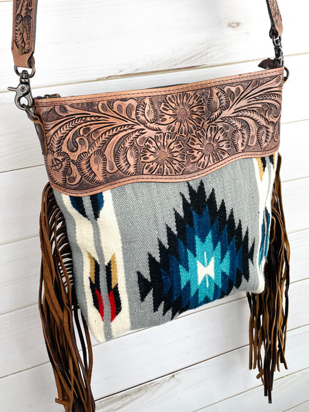 Grey & Blue Diamond Wool Leather Tooled Fringe Handbag