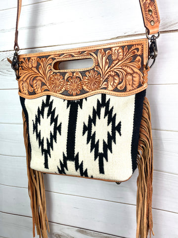 Black and Cream White Wool Leather Open Handle Fringe Bag