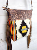 Ash Neutral Native Pattern Wool Leather Tooled Fringe Handbag