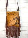 Tan & Brown Spotted Crossbody Hide Bag with Fringe