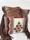 Summer Tan and Wine Pattern Wool & Leather Tooled Crossbody Handbag