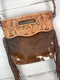 Brown Hide Tooled Handle Fringe / Crossbody Handbag
