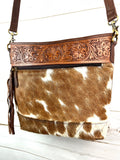 Zipper Front Hide and Tooled Leather Purse
