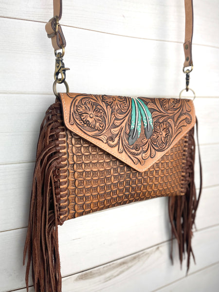 Feather Tooled Leather & Fringe Envelope Handbag
