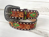Green Paisley Sunflower Painted and Tooled Leather Woman’s Belt