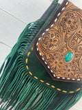Green Leather Tooled Flap Fringe Bag