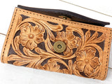 Tan & Black Floral Tooled Small Leather Wallet