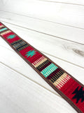 Red, Mint Aztec Wool Pattern Over Leather Crossbody Handbag Strap