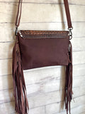 Brown and Cream Hide Dark Tooled Whipstitch Crossbody Bag